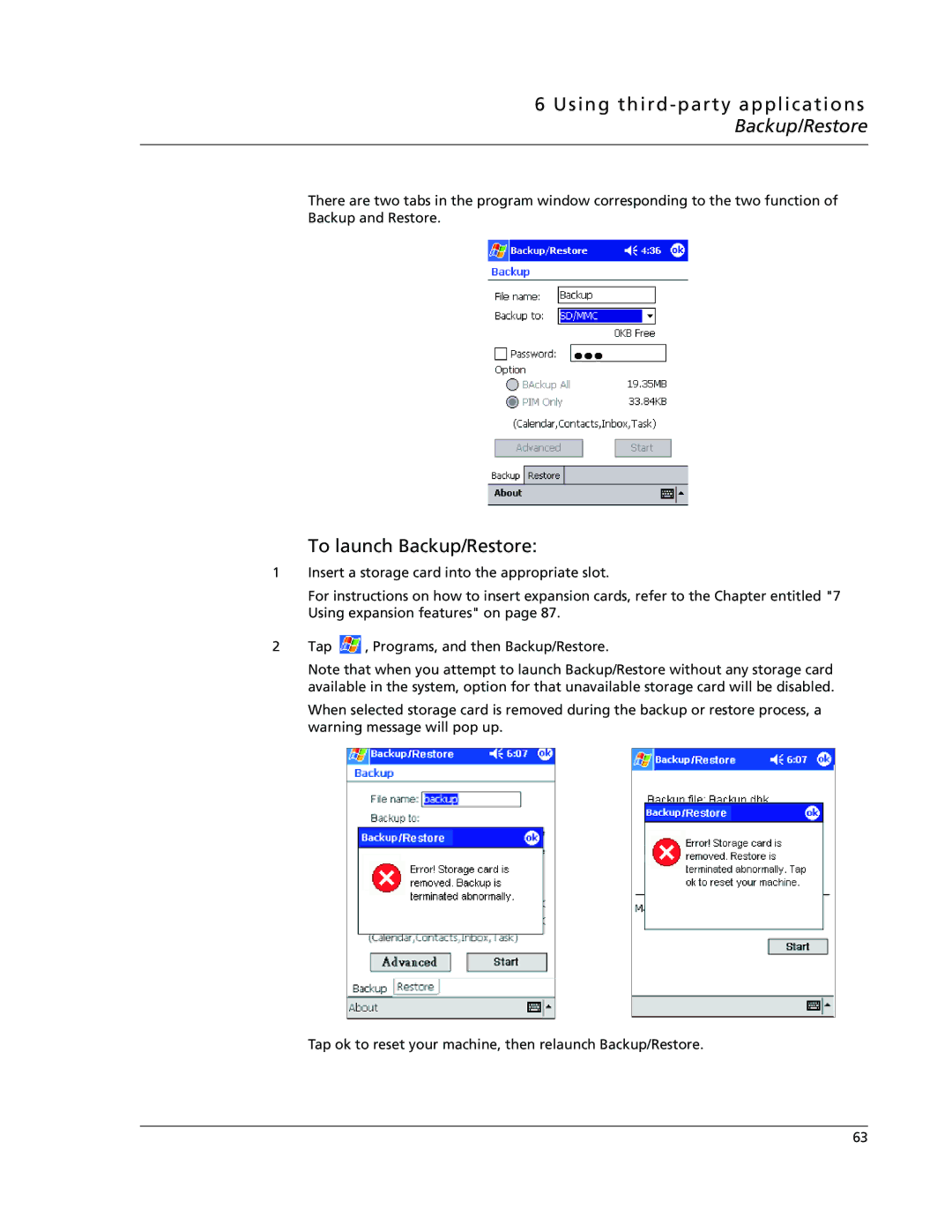 Acer N10 manual Using third-party applications Backup/Restore, To launch Backup/Restore 