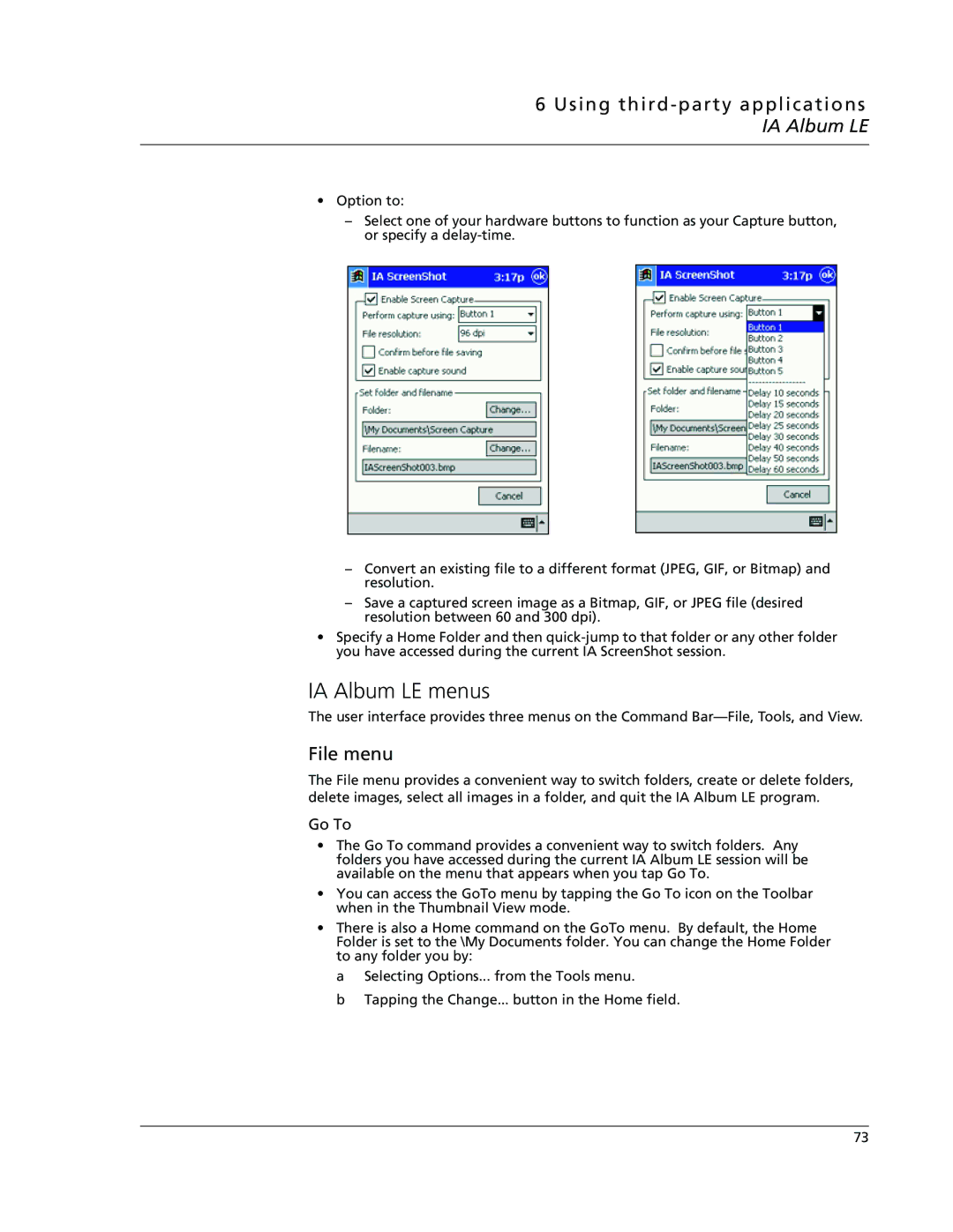 Acer N10 manual IA Album LE menus, File menu, Go To 