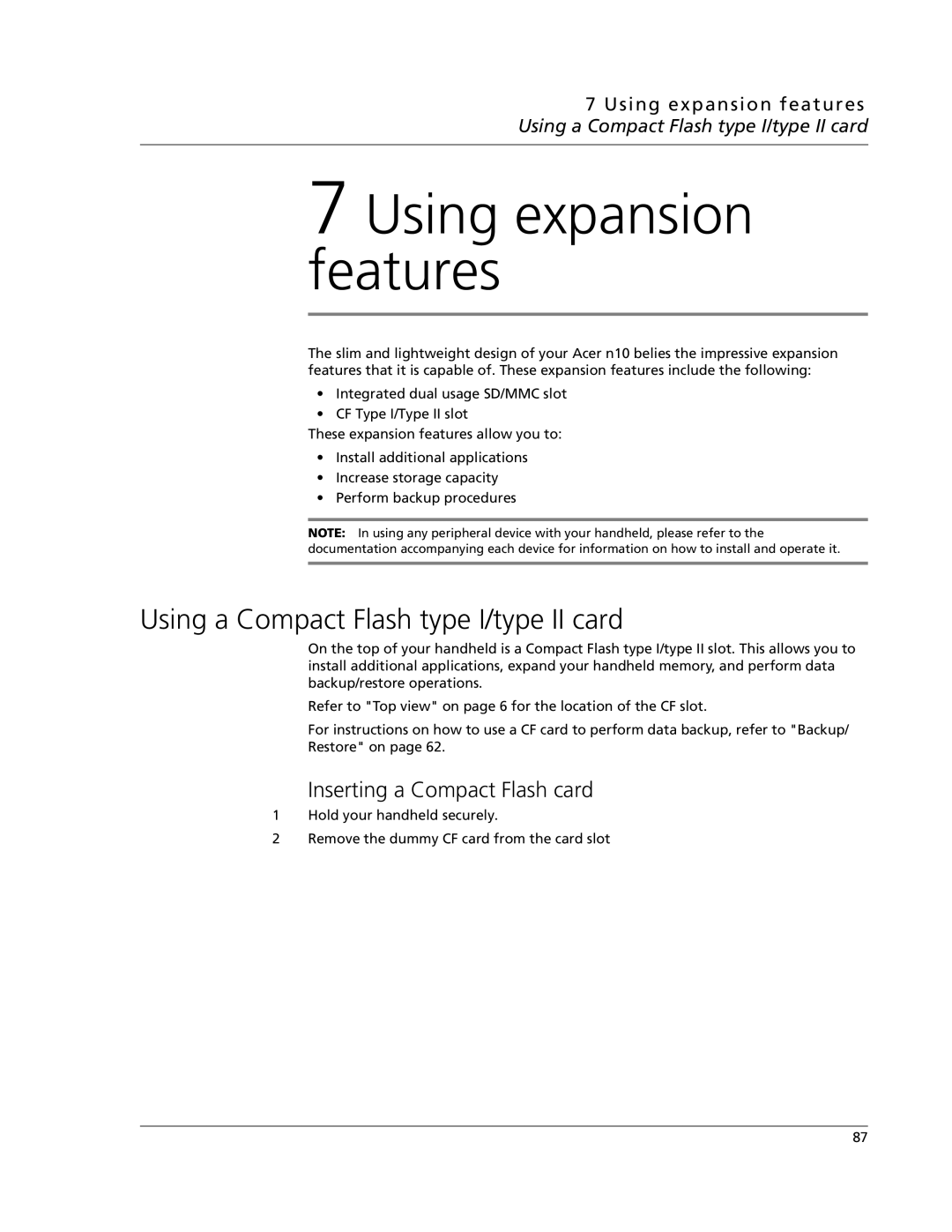 Acer N10 manual Using a Compact Flash type I/type II card, Inserting a Compact Flash card 