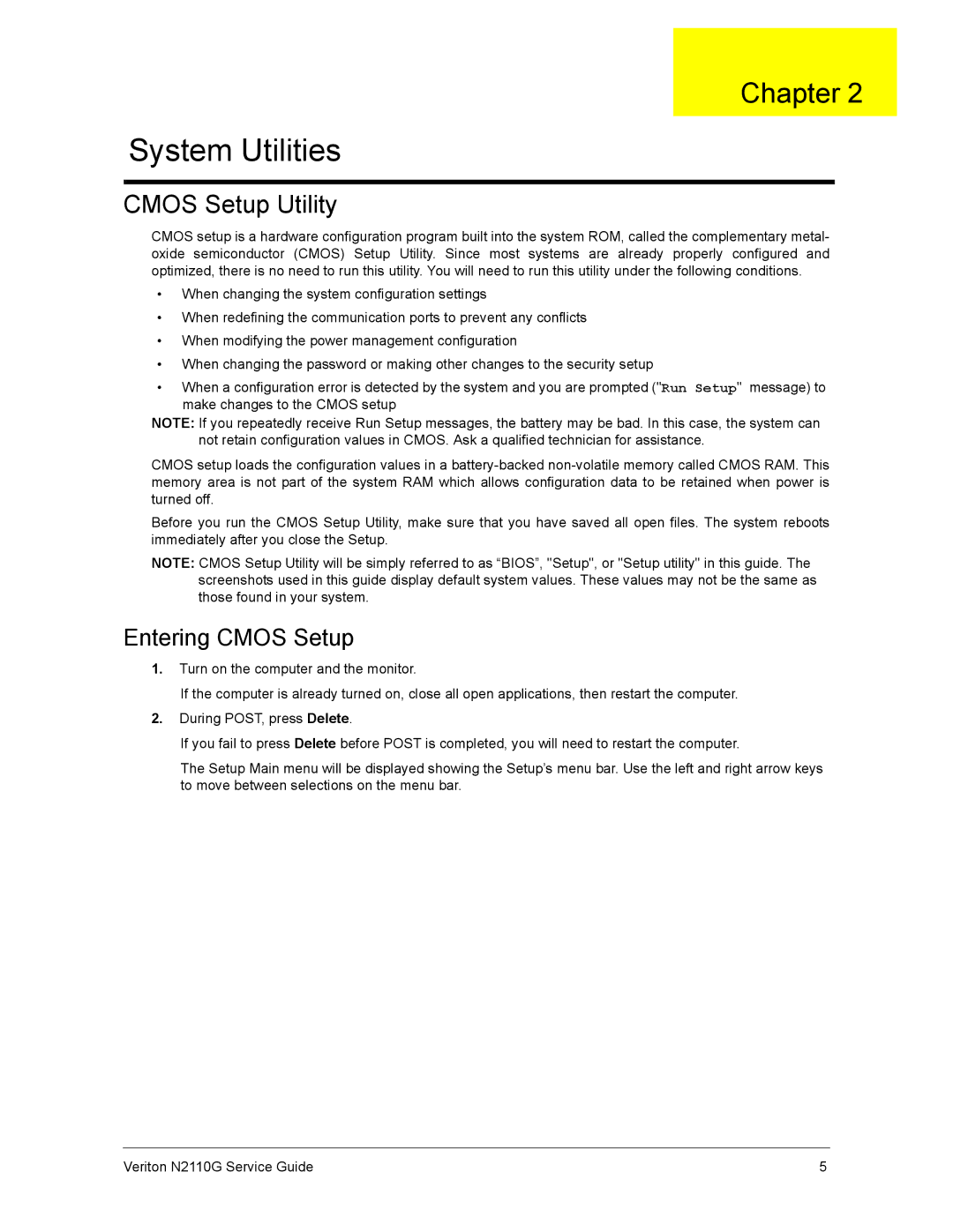 Acer N2110G manual Cmos Setup Utility, Entering Cmos Setup 