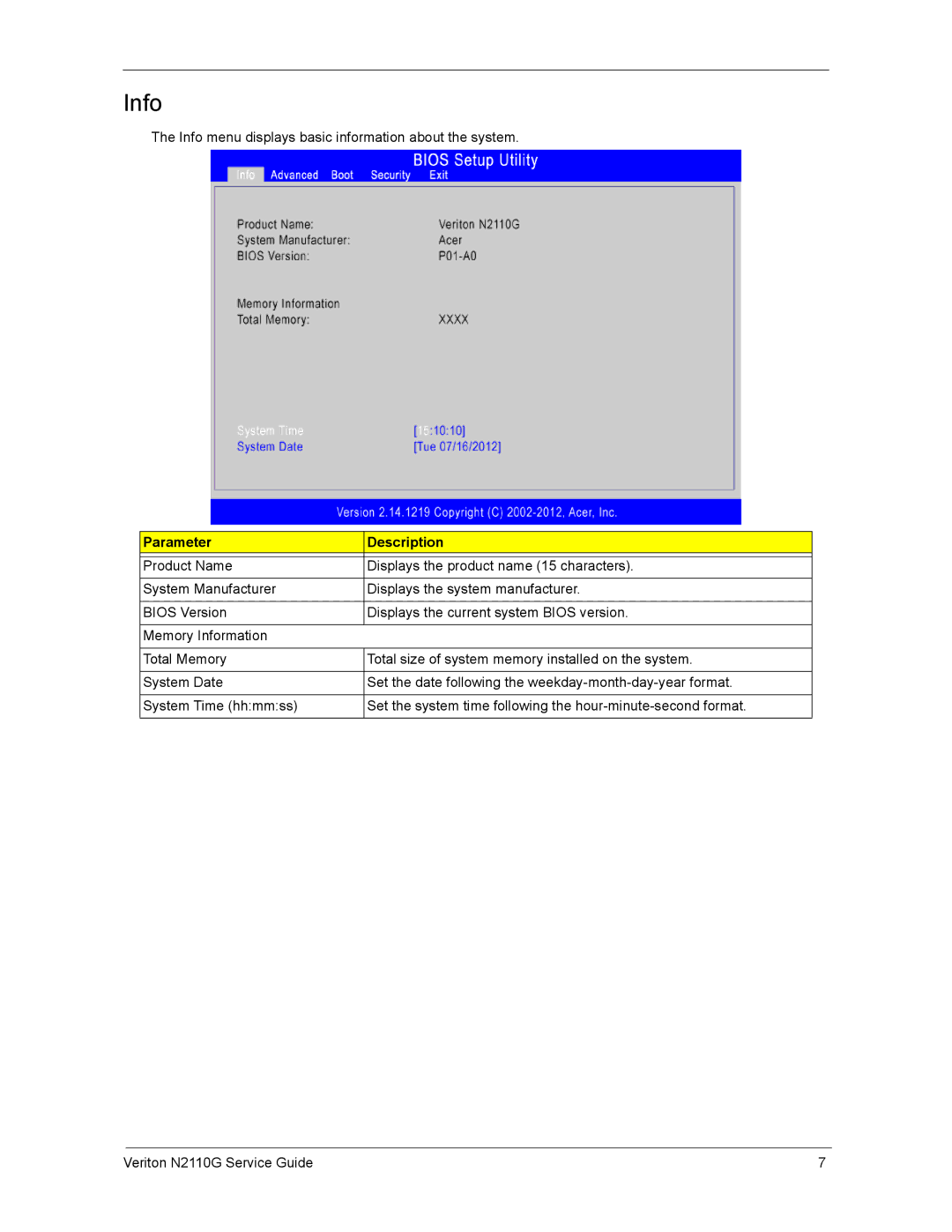 Acer N2110G manual Info, Parameter Description 