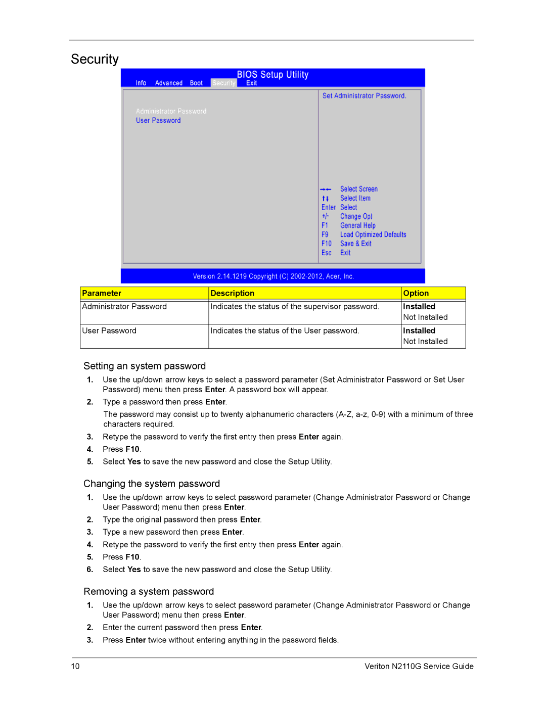 Acer N2110G manual Security, Installed 