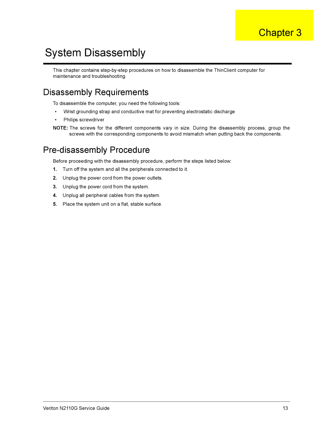 Acer N2110G manual Disassembly Requirements, Pre-disassembly Procedure 