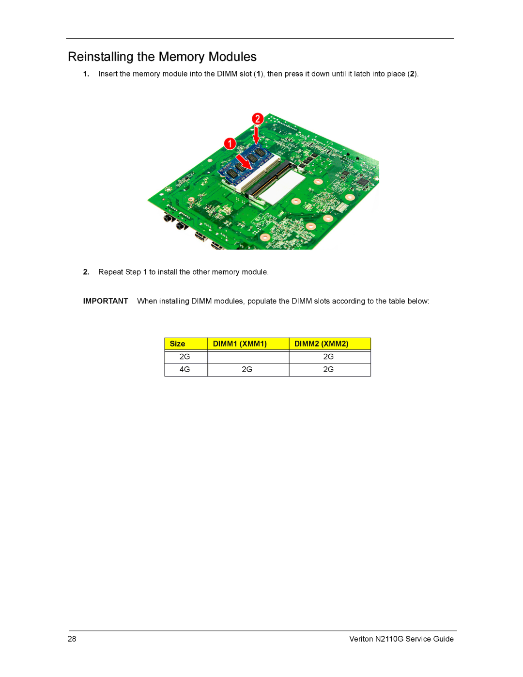 Acer N2110G manual Reinstalling the Memory Modules, Size 