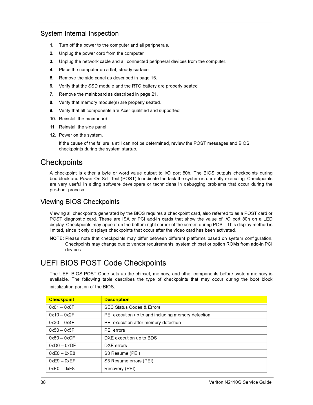 Acer N2110G manual Uefi Bios Post Code Checkpoints, System Internal Inspection, Viewing Bios Checkpoints 