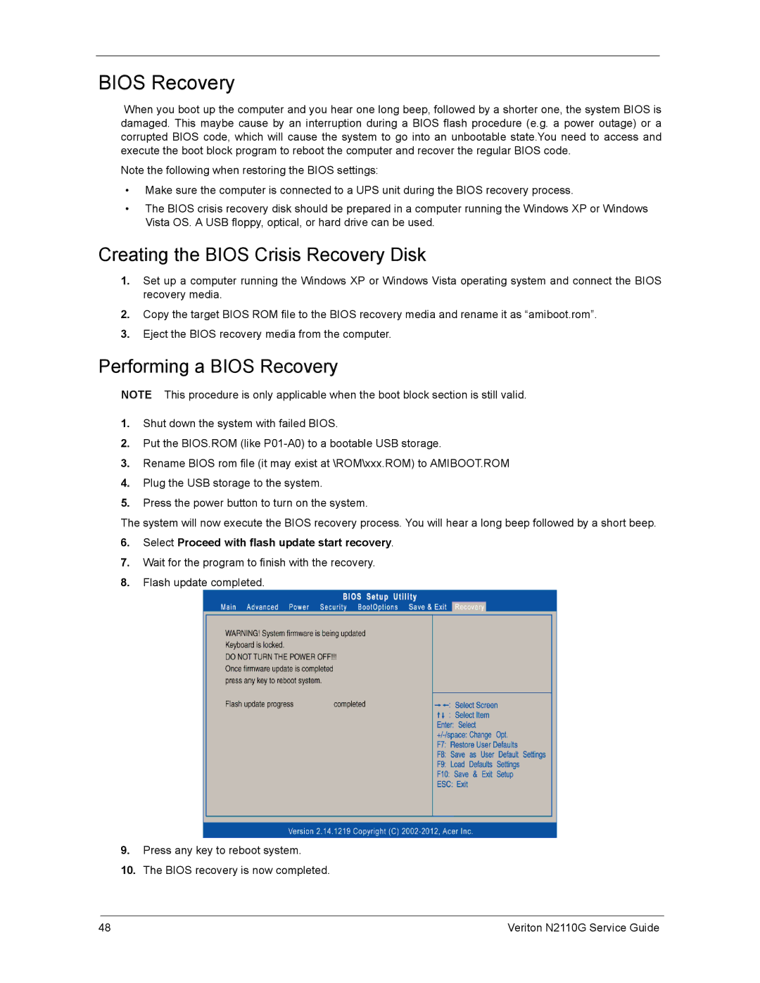 Acer N2110G manual Creating the Bios Crisis Recovery Disk, Performing a Bios Recovery 