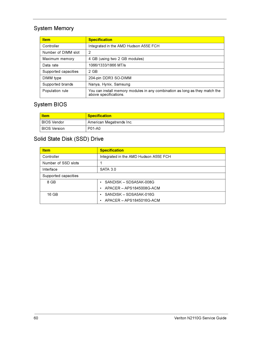 Acer N2110G manual System Memory, System Bios, Solid State Disk SSD Drive 