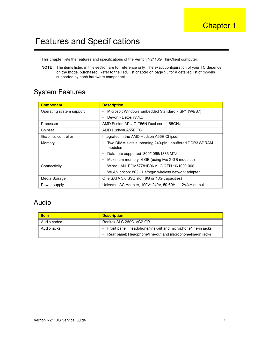 Acer N2110G manual System Features, Audio, Component Description 