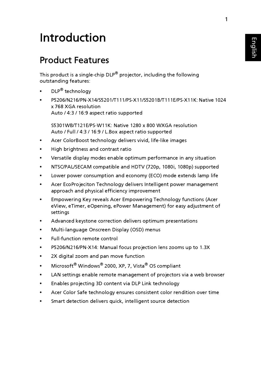 Acer N216, T121E, S5301WB, S5201B, T111E, PS-X11K, PS-W11K, PN-X14 manual Introduction, Product Features 