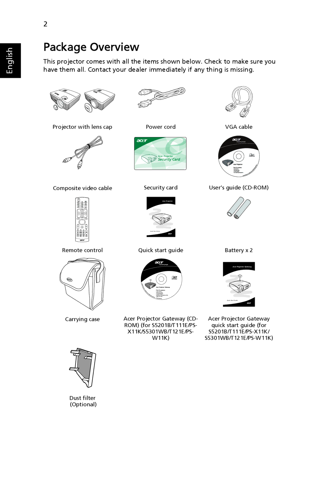 Acer T121E, N216, S5301WB, S5201B, T111E, PS-X11K, PS-W11K, PN-X14 manual Package Overview 