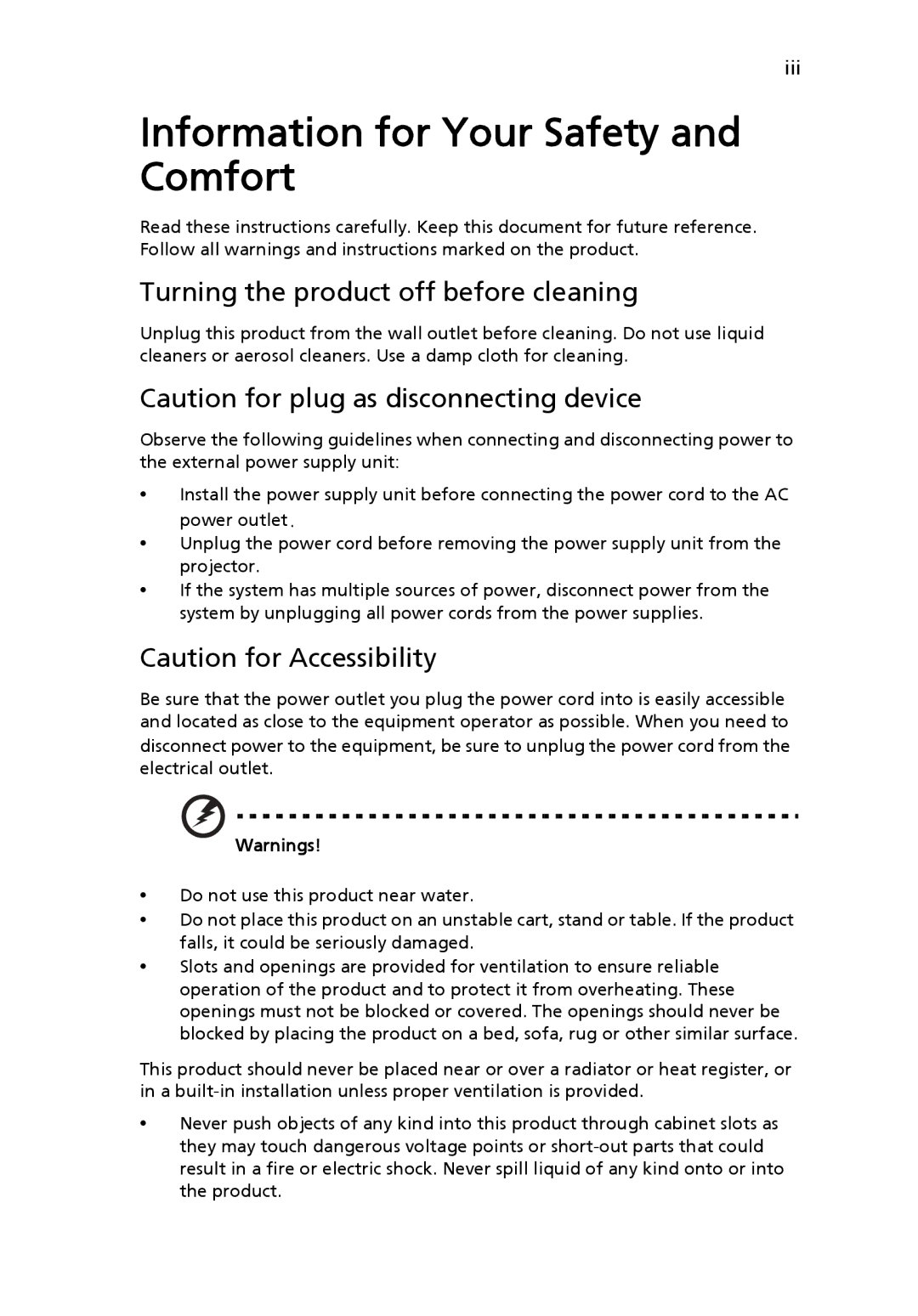 Acer N216, T121E, S5301WB, S5201B, T111E, PS-X11K, PS-W11K, PN-X14 manual Information for Your Safety and Comfort 