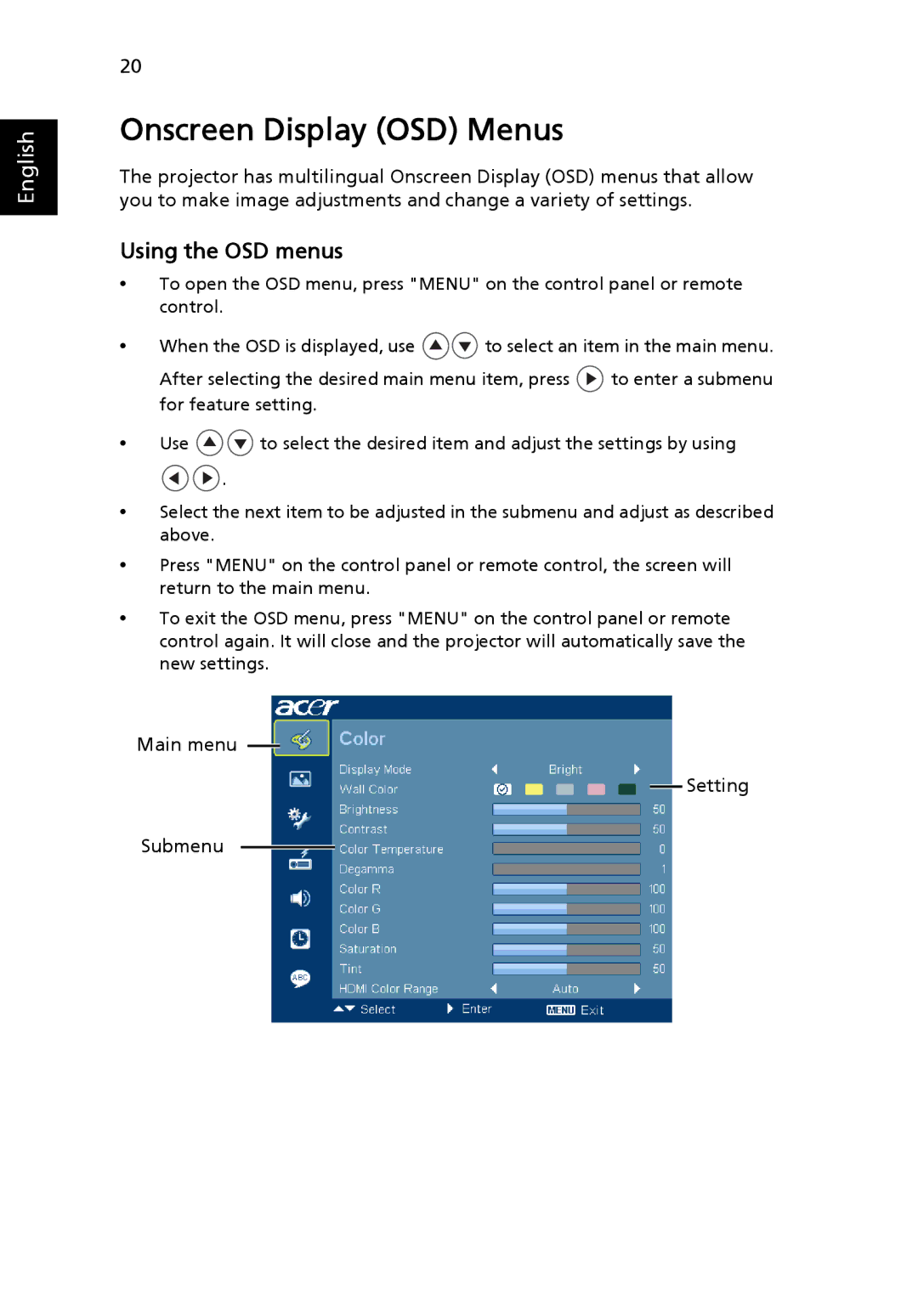 Acer N216, T121E, S5301WB, S5201B, T111E, PS-X11K, PS-W11K, PN-X14 manual Onscreen Display OSD Menus, Using the OSD menus 