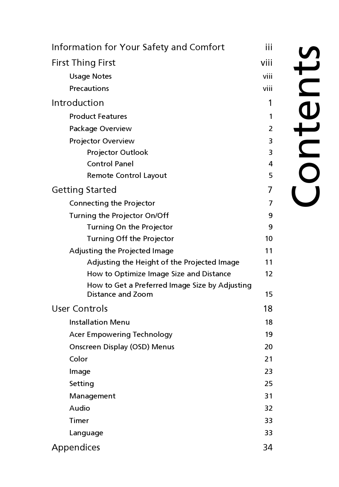 Acer PS-W11K, N216, T121E, S5301WB, S5201B, T111E, PS-X11K, PN-X14 manual Contents 