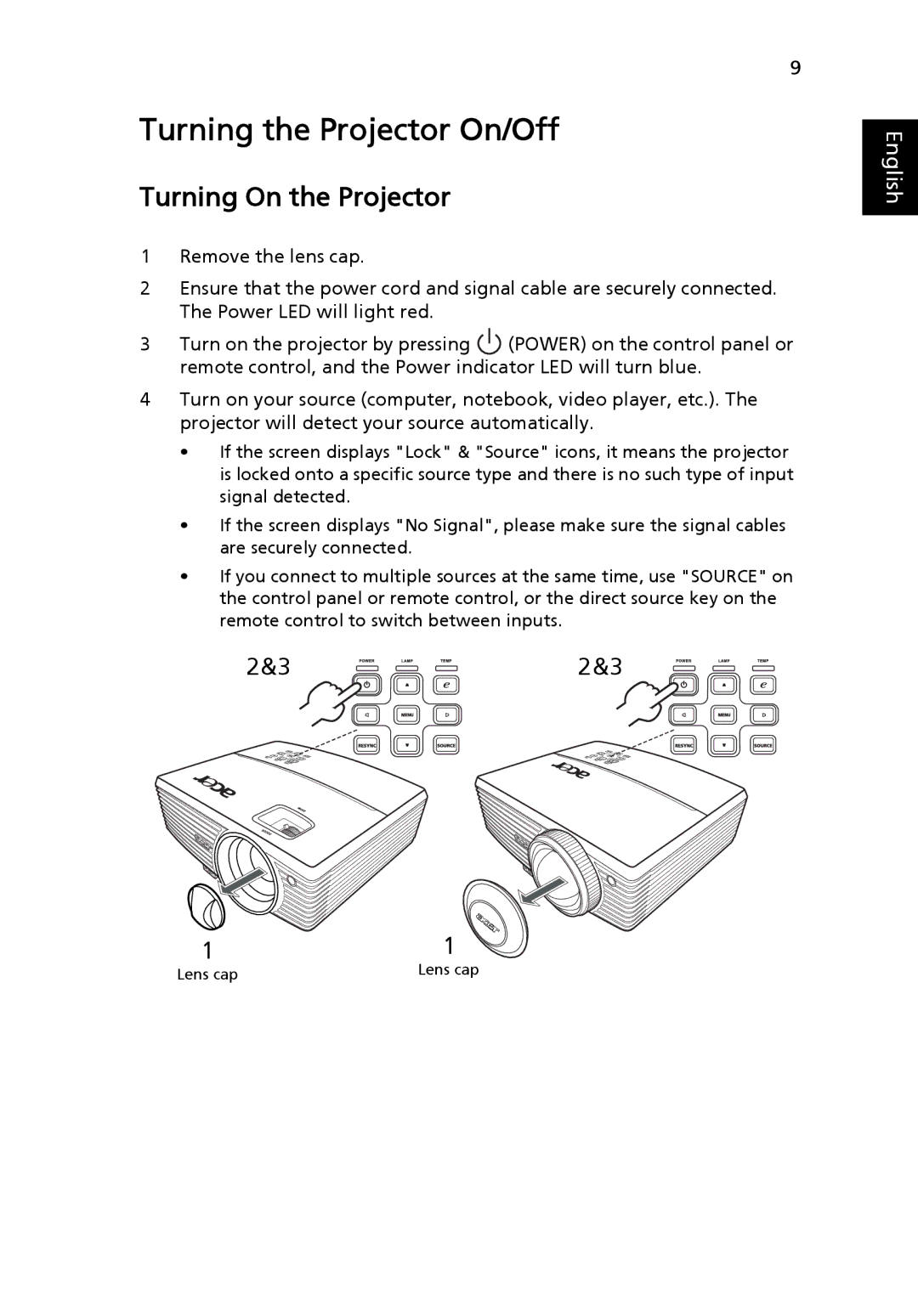 Acer PS-X11M, N243, T111B, S5201M, PN-SX12 manual Turning the Projector On/Off, Turning On the Projector 