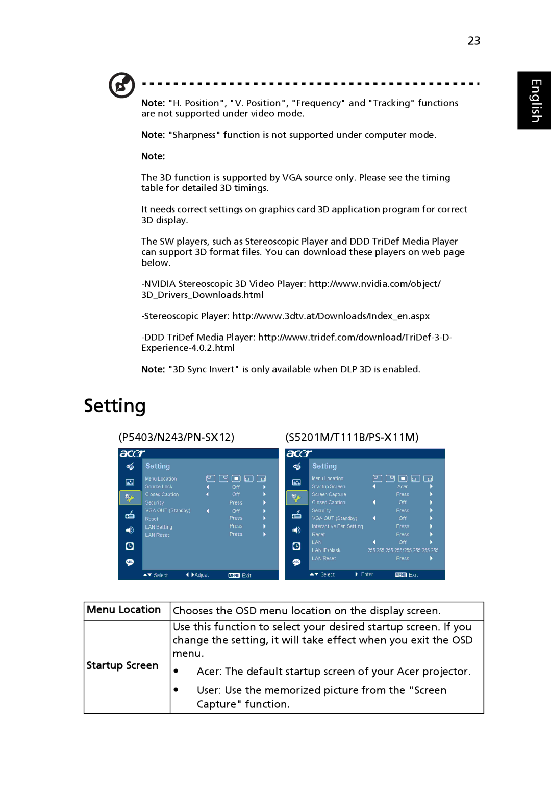 Acer PN-SX12, N243, T111B, S5201M, PS-X11M manual Setting, Menu Location, Startup Screen 