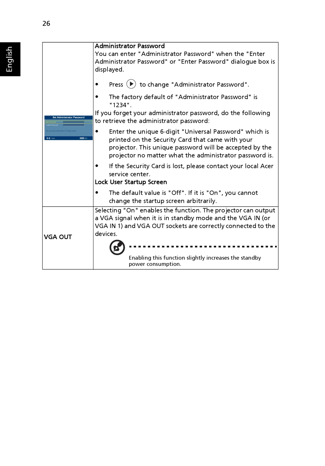 Acer T111B, N243, S5201M, PN-SX12, PS-X11M manual Administrator Password, Lock User Startup Screen, Devices 