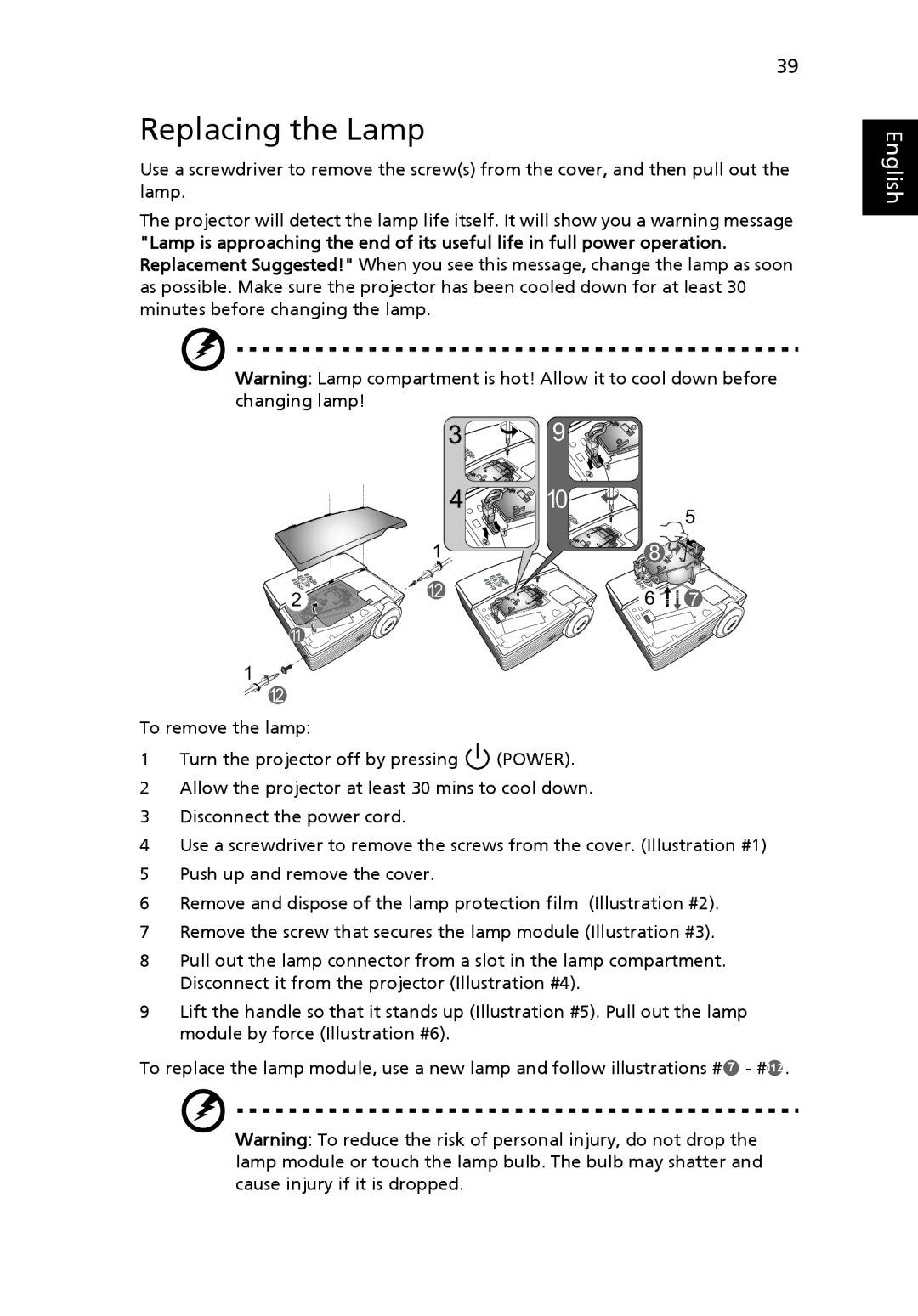 Acer PS-X11M, N243, T111B, S5201M, PN-SX12 manual Replacing the Lamp 