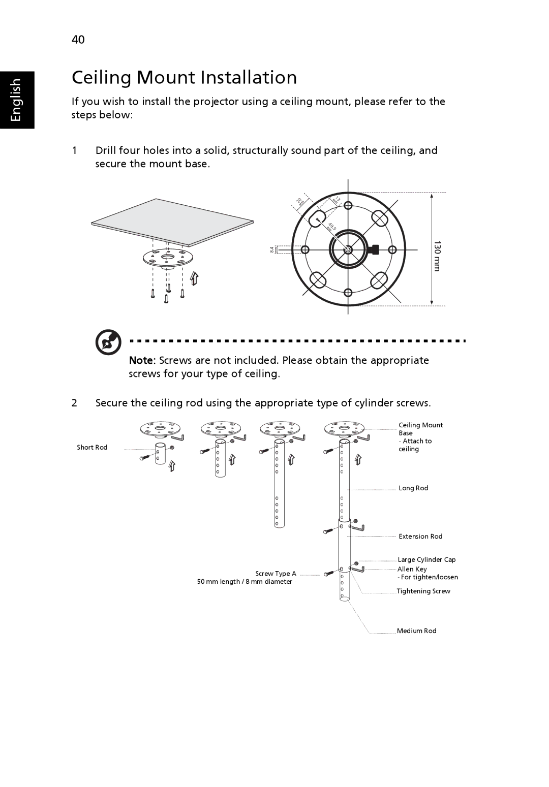 Acer N243, T111B, S5201M, PN-SX12, PS-X11M manual Ceiling Mount Installation 