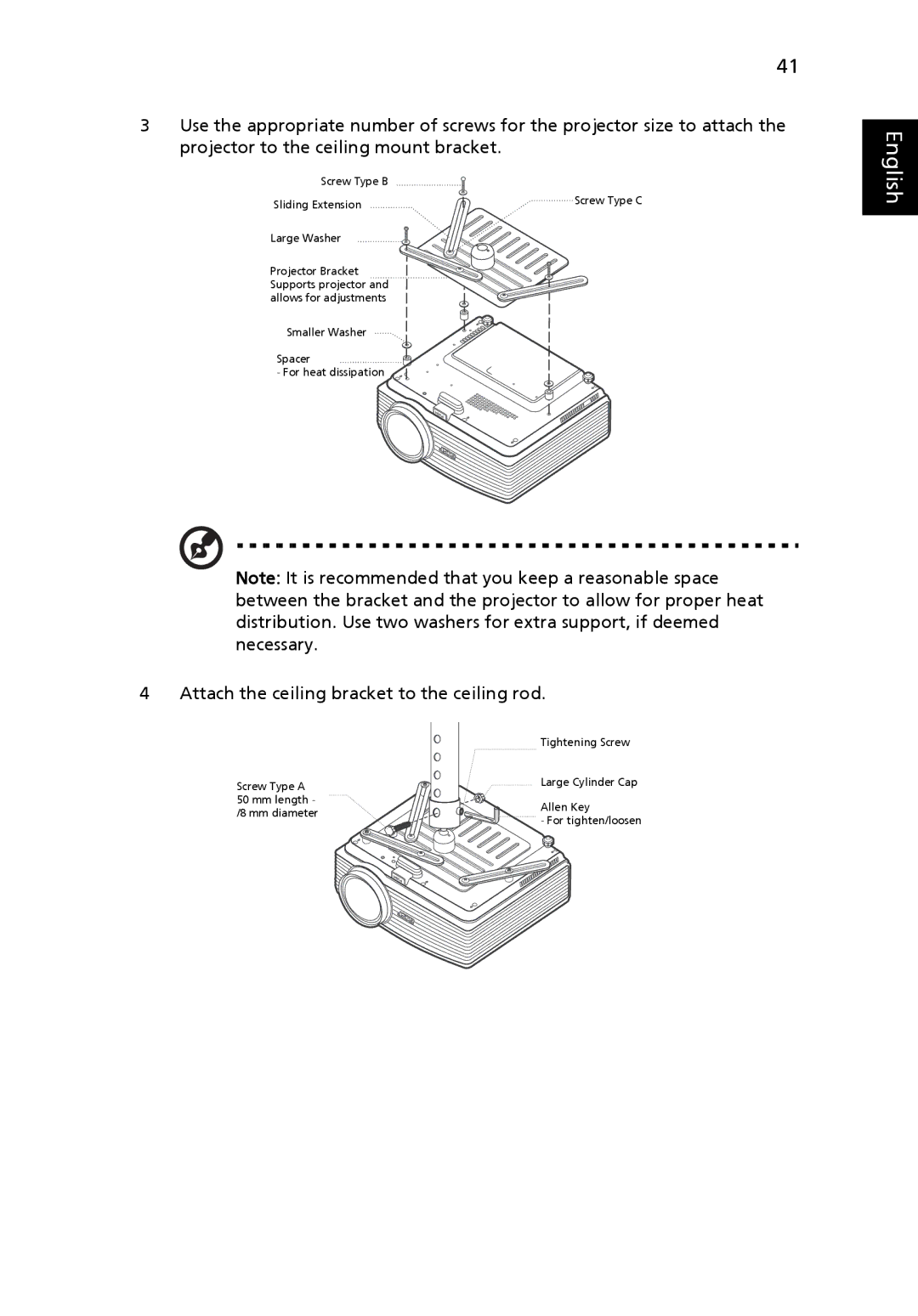 Acer T111B, N243, S5201M, PN-SX12, PS-X11M manual Attach the ceiling bracket to the ceiling rod 