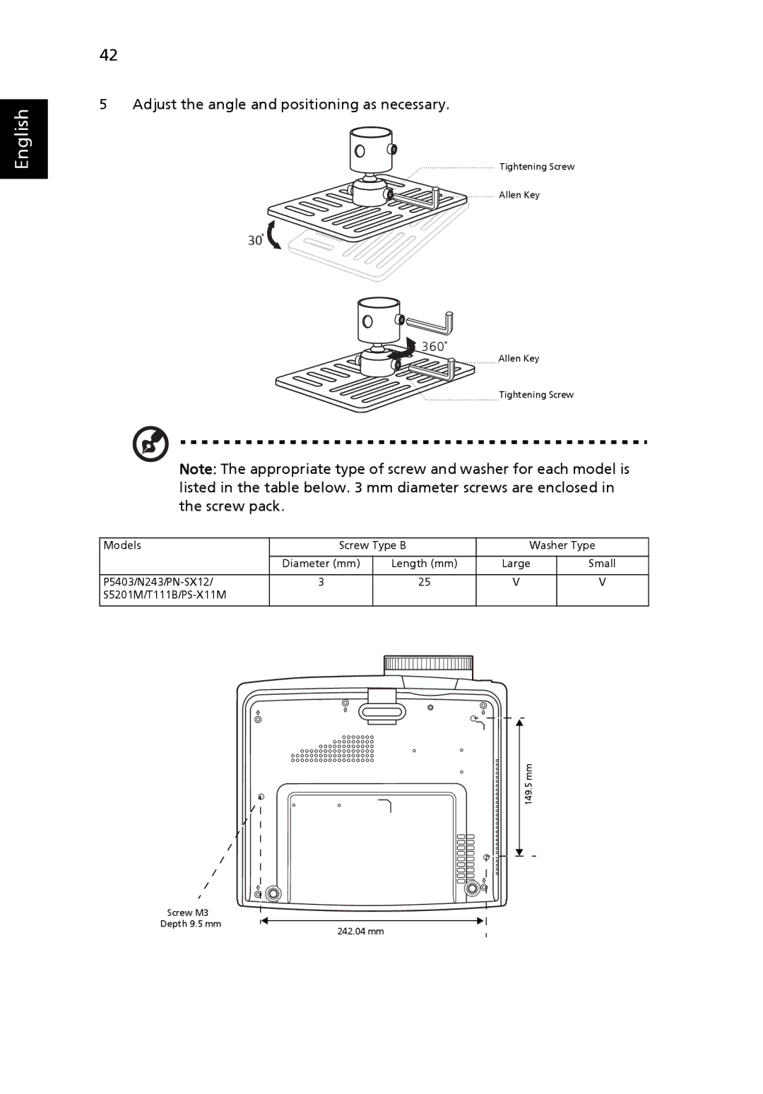 Acer S5201M, N243, T111B, PN-SX12, PS-X11M manual Adjust the angle and positioning as necessary 