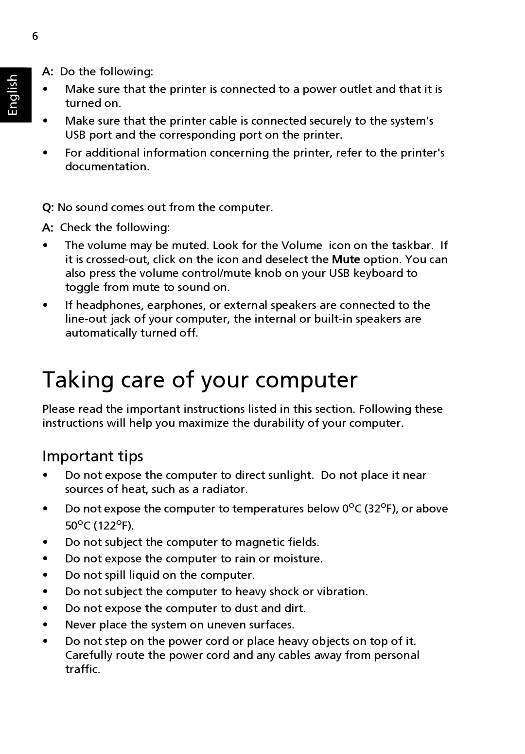 Acer N260G manual Taking care of your computer, Important tips 