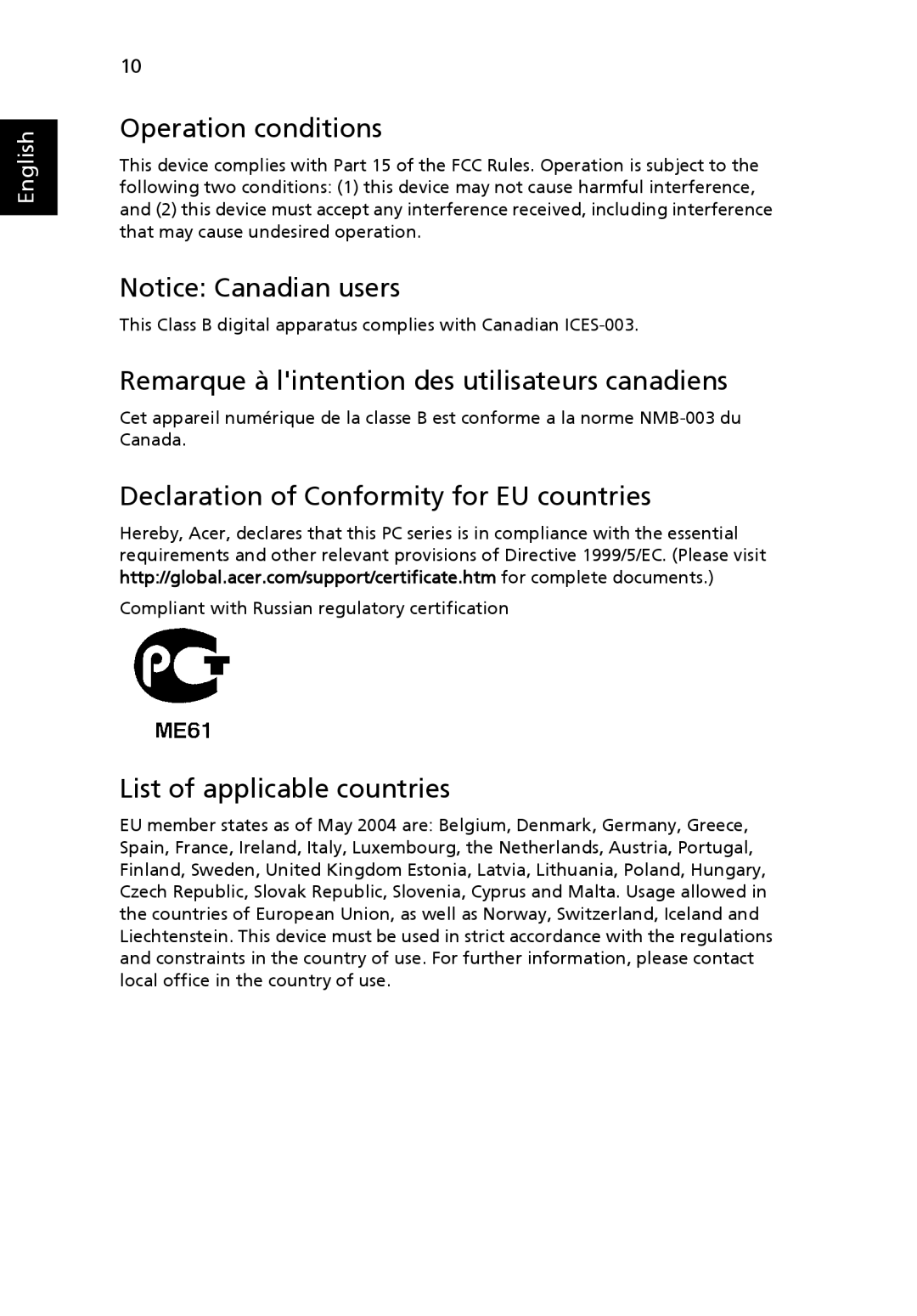 Acer N260G manual Operation conditions, Remarque à lintention des utilisateurs canadiens, List of applicable countries 