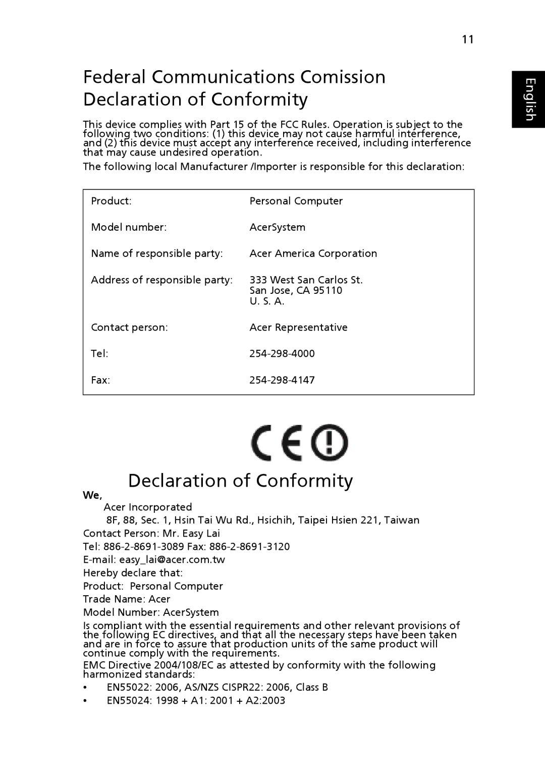 Acer N260G manual Federal Communications Comission Declaration of Conformity 