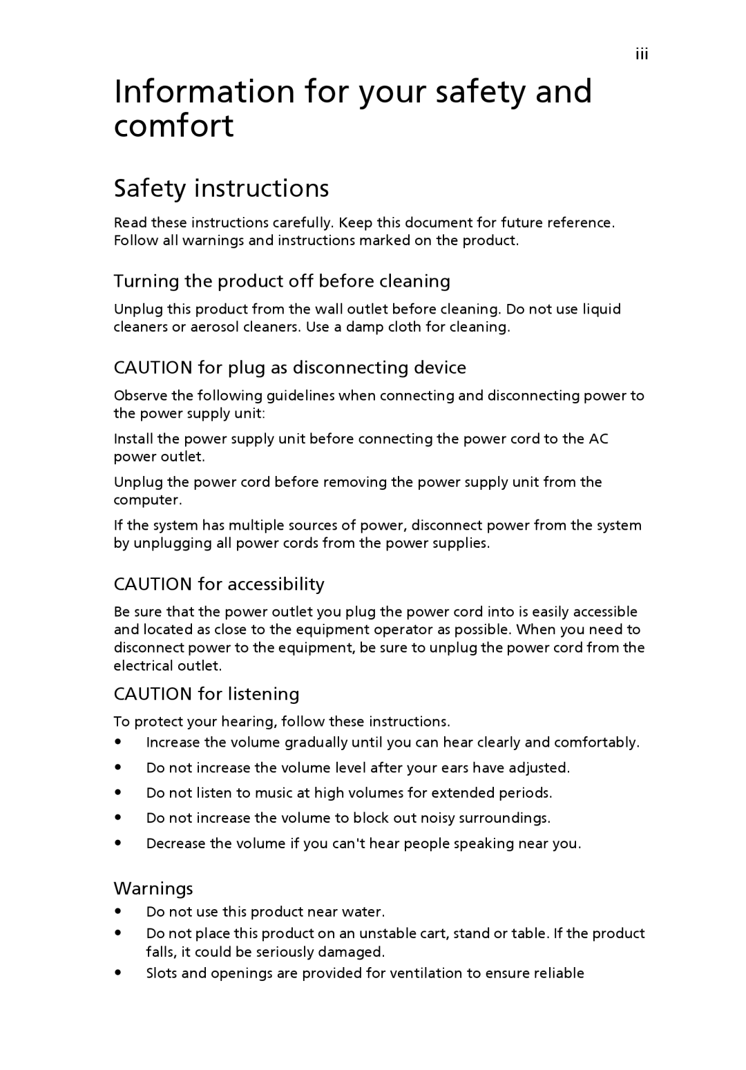 Acer N260G manual Information for your safety and comfort, Safety instructions, Turning the product off before cleaning 