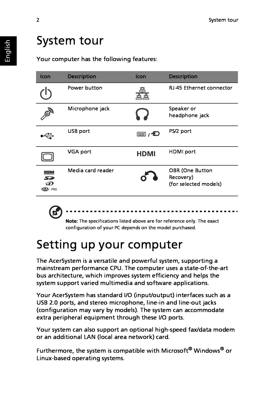 Acer N260G manual System tour, Setting up your computer, English 