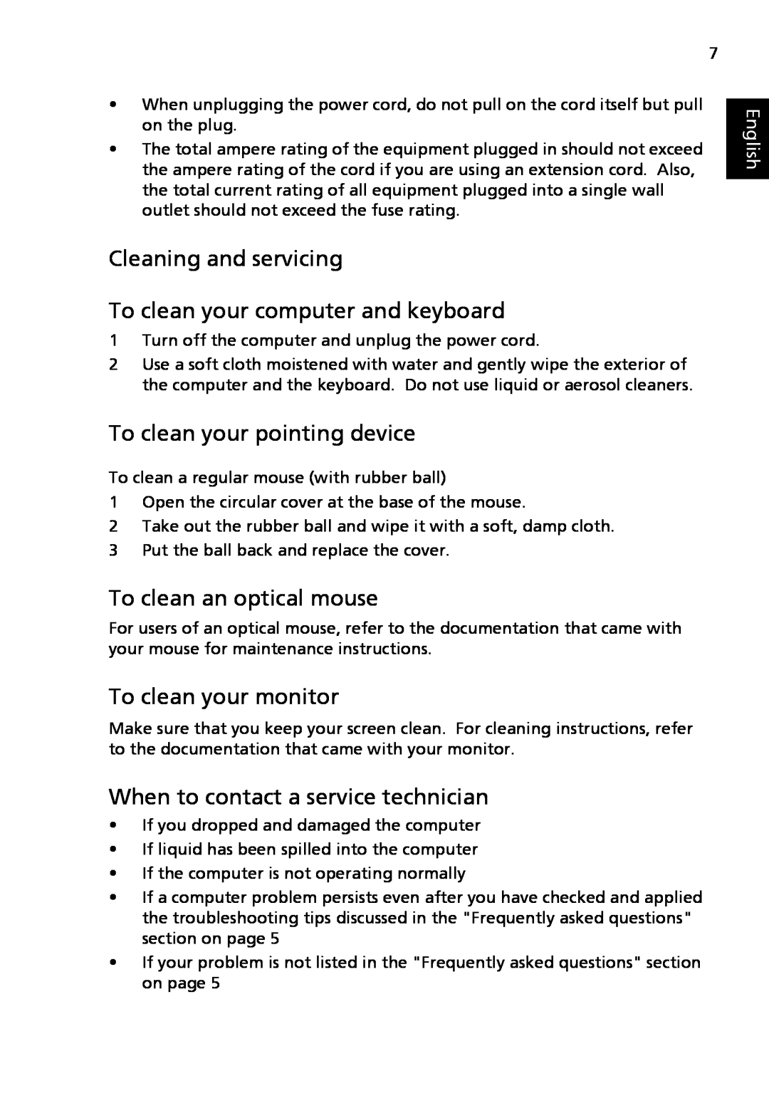 Acer N260G manual Cleaning and servicing To clean your computer and keyboard, To clean your pointing device, English 