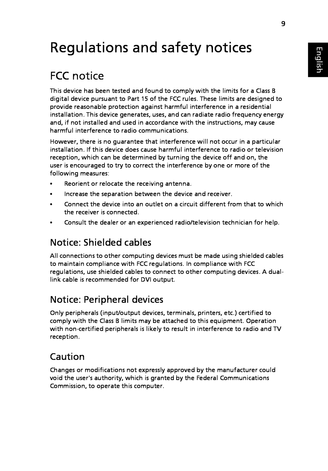 Acer N260G manual Regulations and safety notices, FCC notice, Notice Shielded cables, Notice Peripheral devices, English 