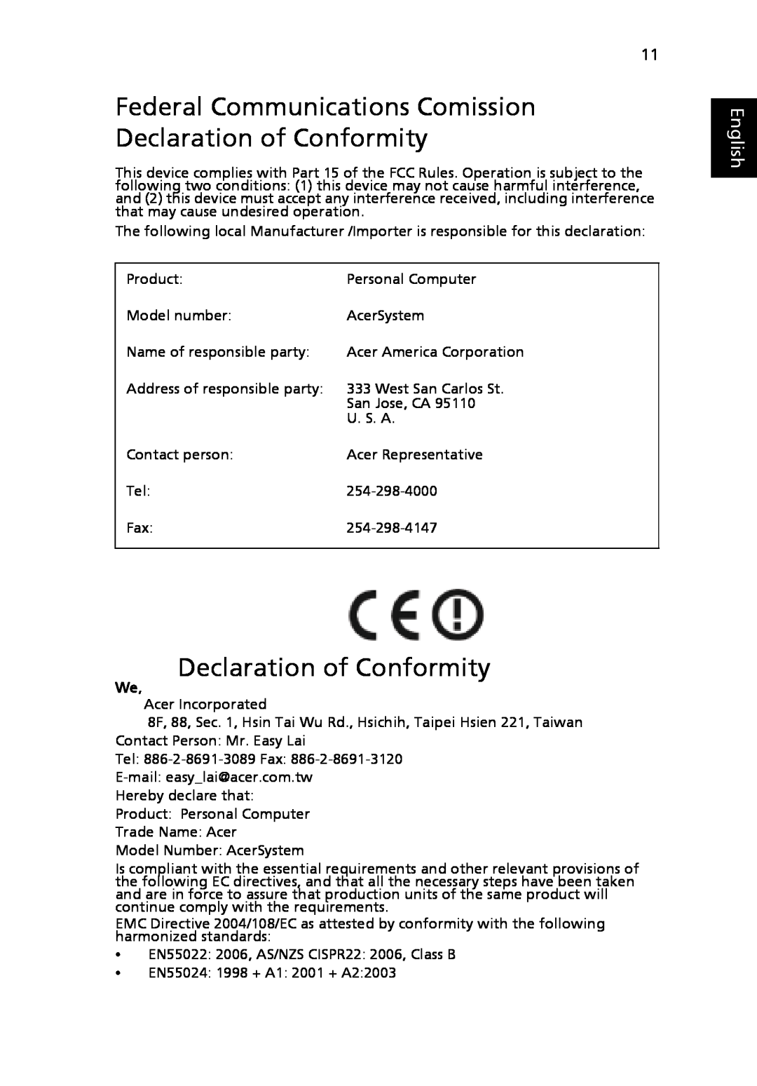Acer N260G manual Federal Communications Comission Declaration of Conformity, English 