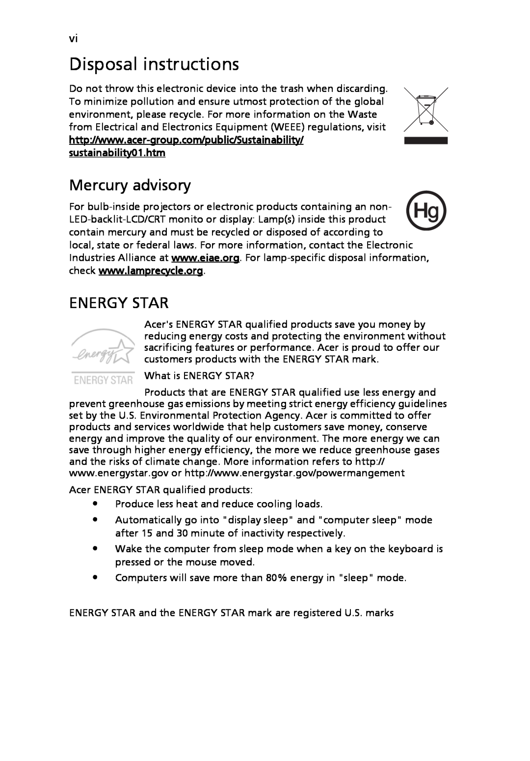Acer N260G manual Disposal instructions, Mercury advisory, Energy Star 