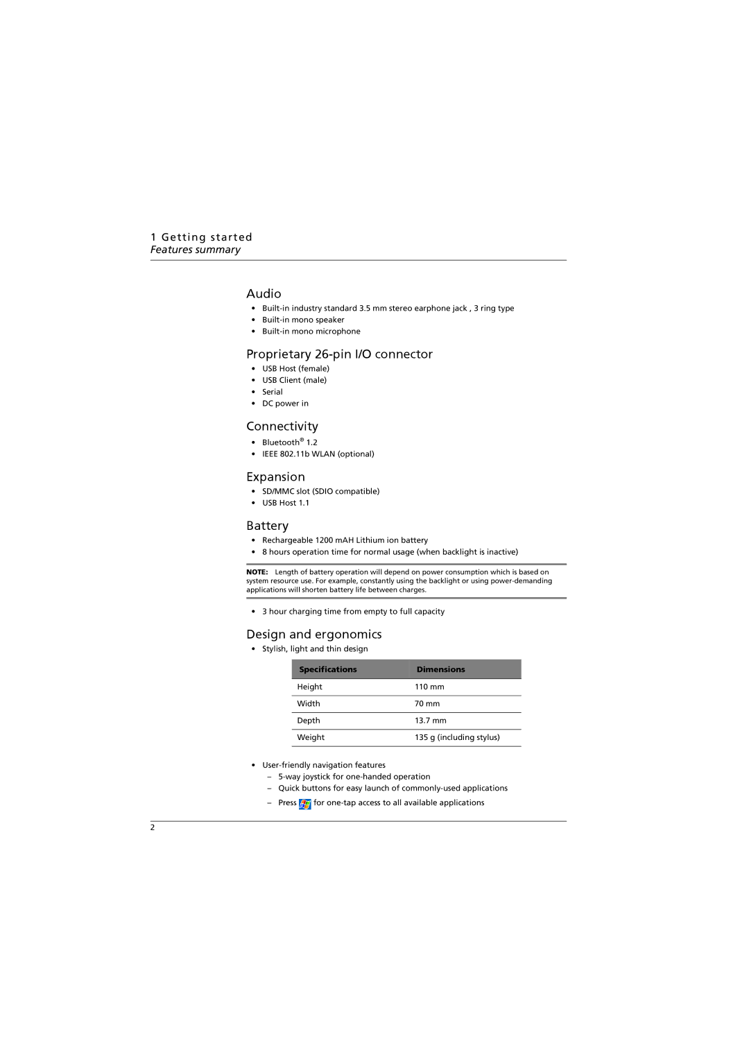 Acer n300 manual Audio, Proprietary 26-pin I/O connector, Connectivity, Expansion, Battery, Design and ergonomics 