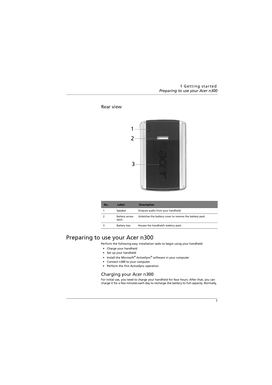 Acer manual Preparing to use your Acer n300, Rear view, Charging your Acer n300 