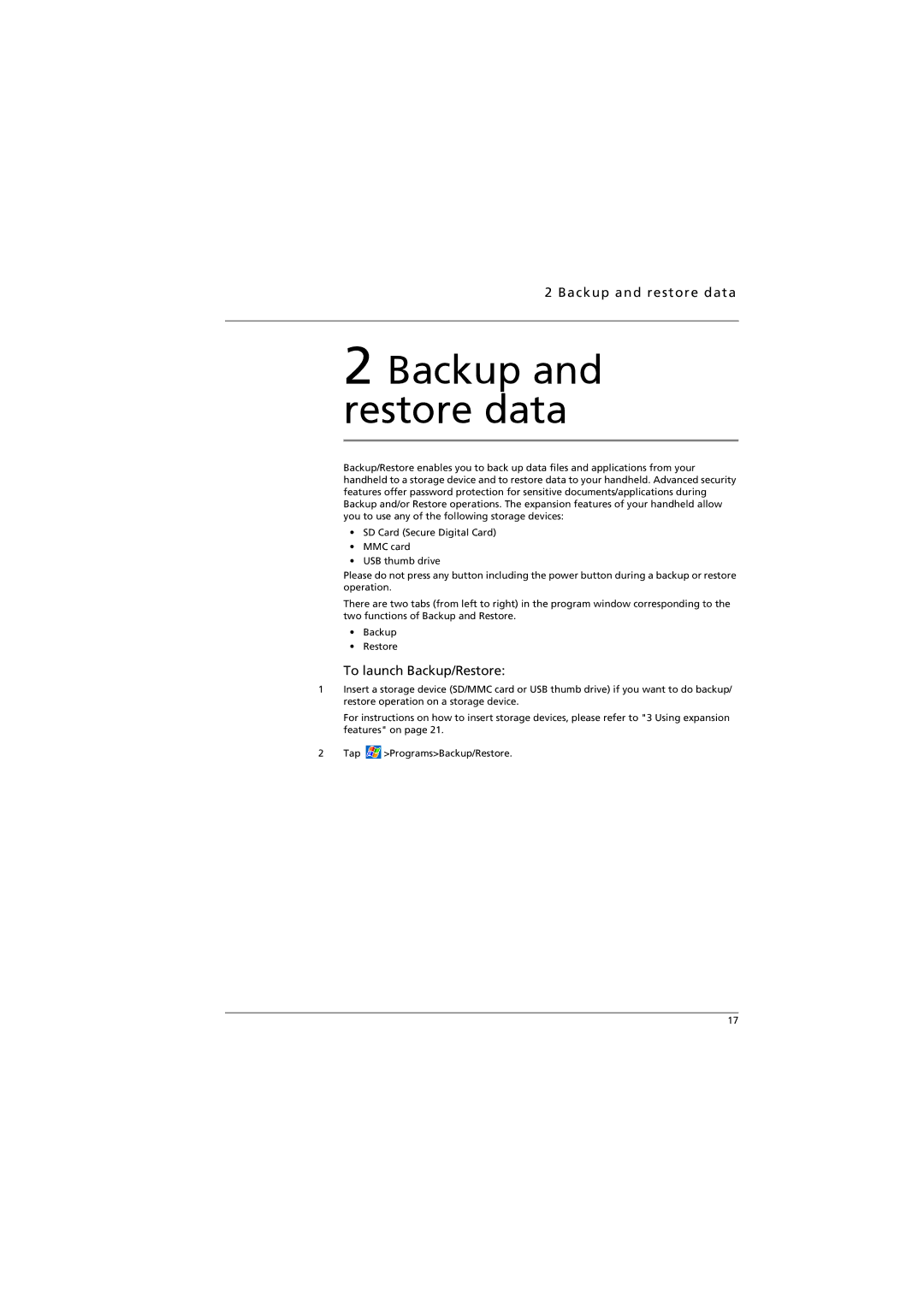 Acer n300 manual Backup and restore data, To launch Backup/Restore 