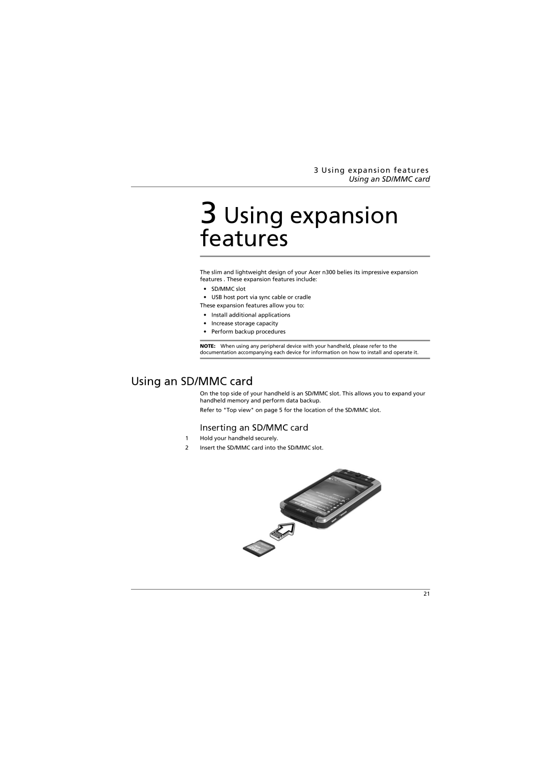 Acer n300 manual Inserting an SD/MMC card, Using expansion features Using an SD/MMC card 