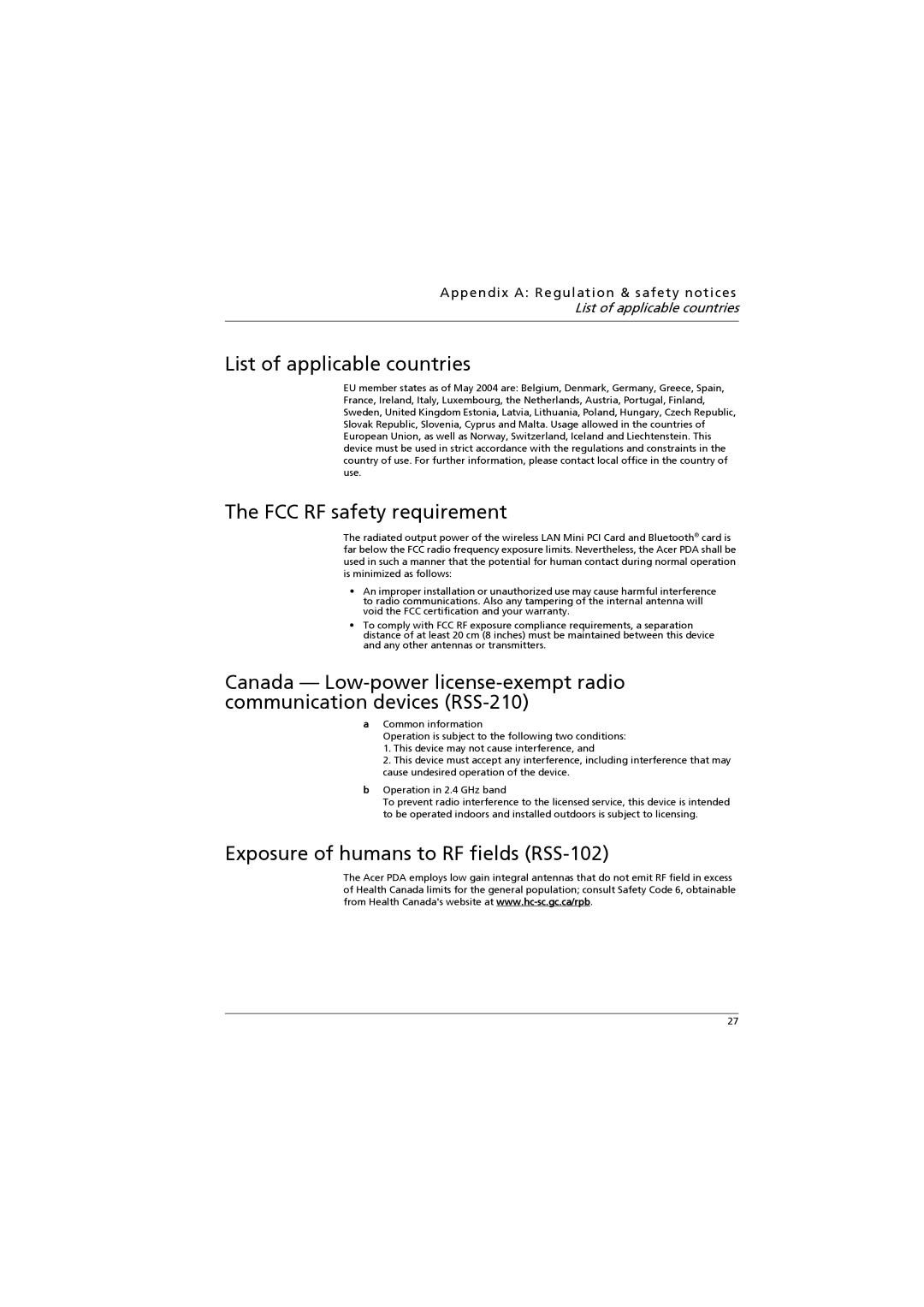 Acer n300 manual List of applicable countries, FCC RF safety requirement, Exposure of humans to RF fields RSS-102 