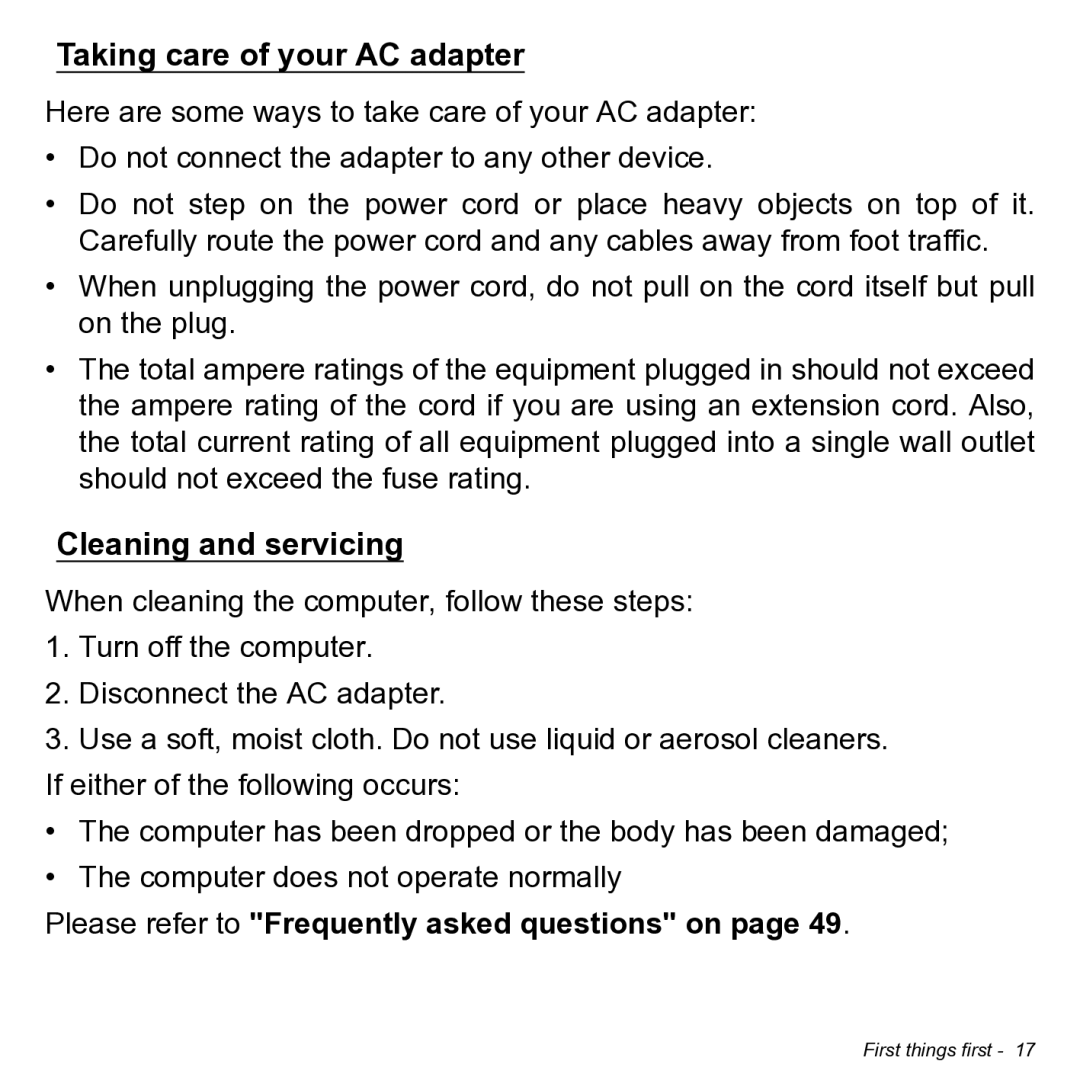 Acer NT.L0KAA.001 Taking care of your AC adapter, Cleaning and servicing, Please refer to Frequently asked questions on 