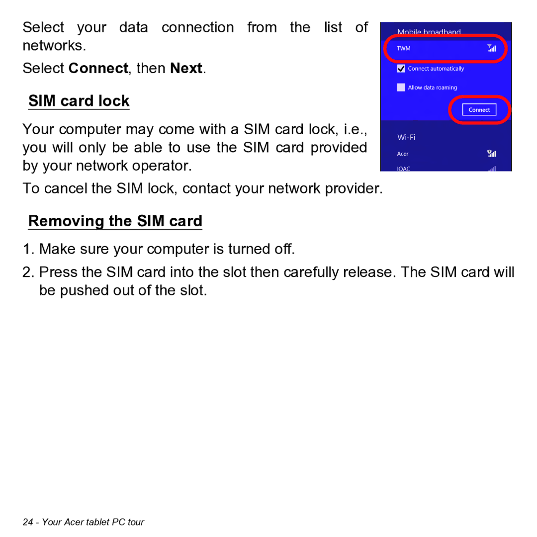 Acer NT.L0KAA.001 user manual SIM card lock, Removing the SIM card 