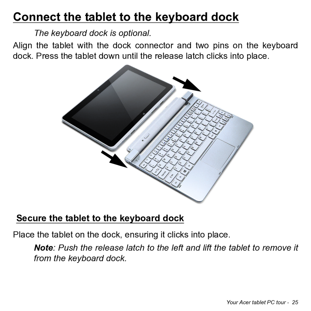 Acer NT.L0KAA.001 user manual Connect the tablet to the keyboard dock, Keyboard dock is optional 