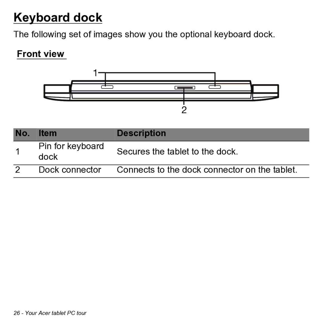 Acer NT.L0KAA.001 user manual Keyboard dock, Front view Description 