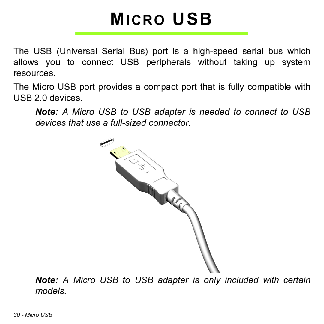 Acer NT.L0KAA.001 user manual Micro USB 