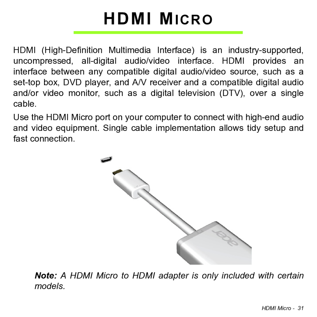 Acer NT.L0KAA.001 user manual Hdmi Micro 