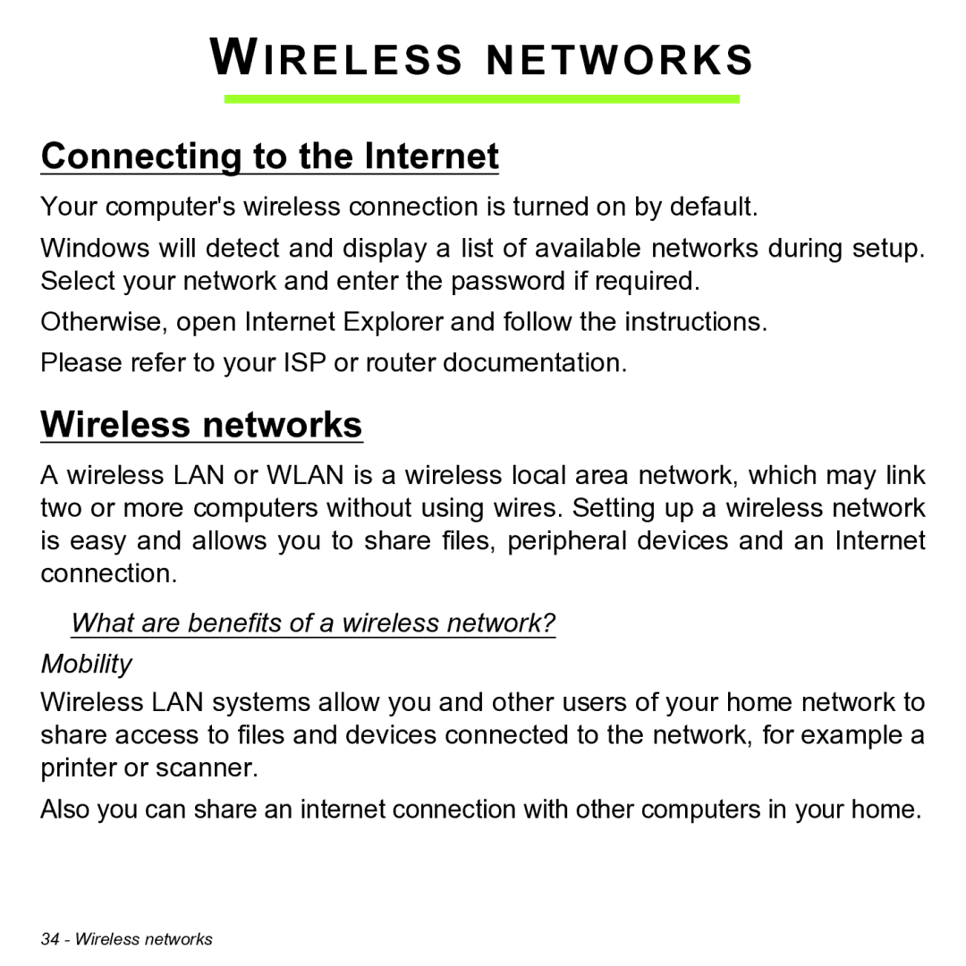 Acer NT.L0KAA.001 user manual Wireless Networks, Connecting to the Internet, Wireless networks 