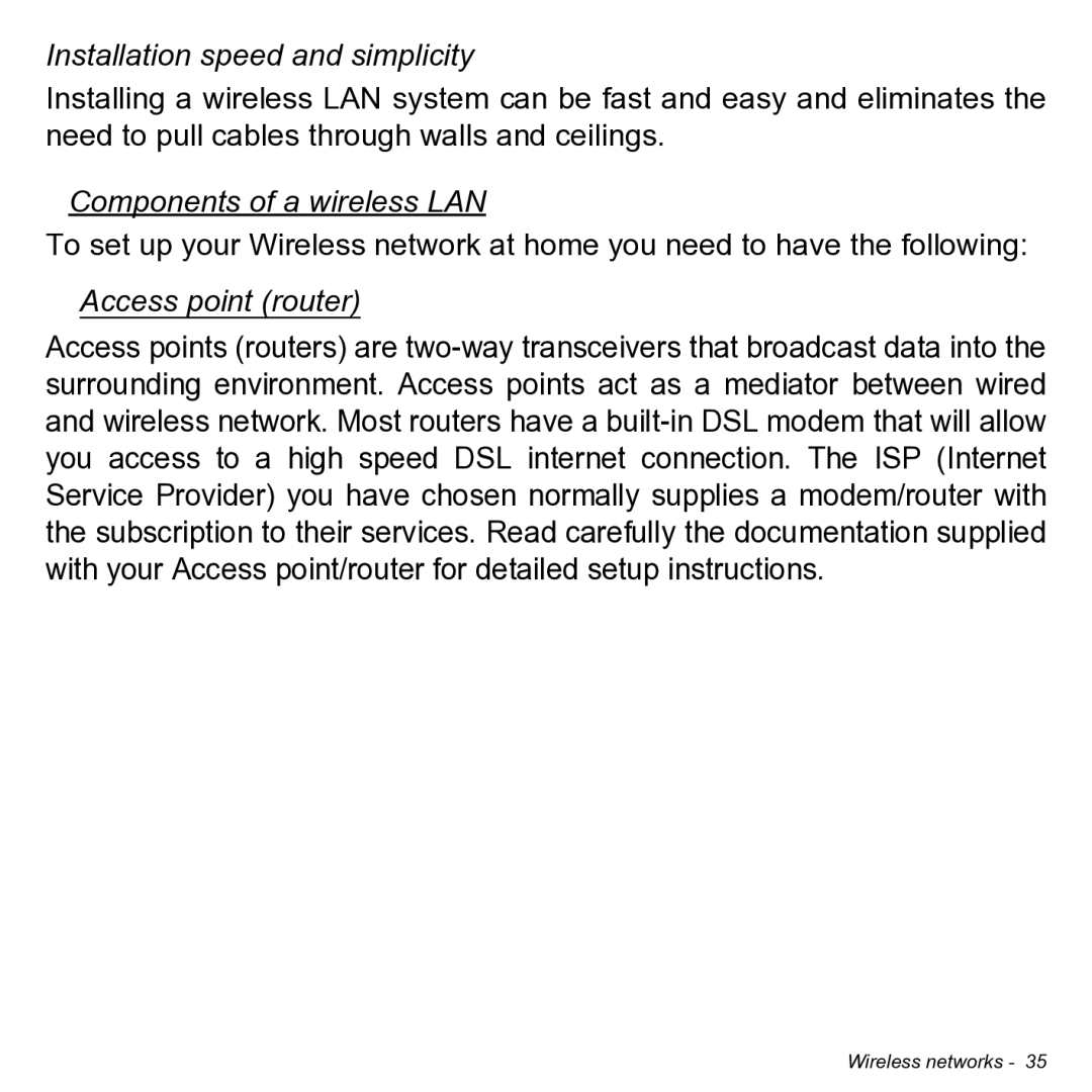 Acer NT.L0KAA.001 user manual Installation speed and simplicity, Components of a wireless LAN, Access point router 