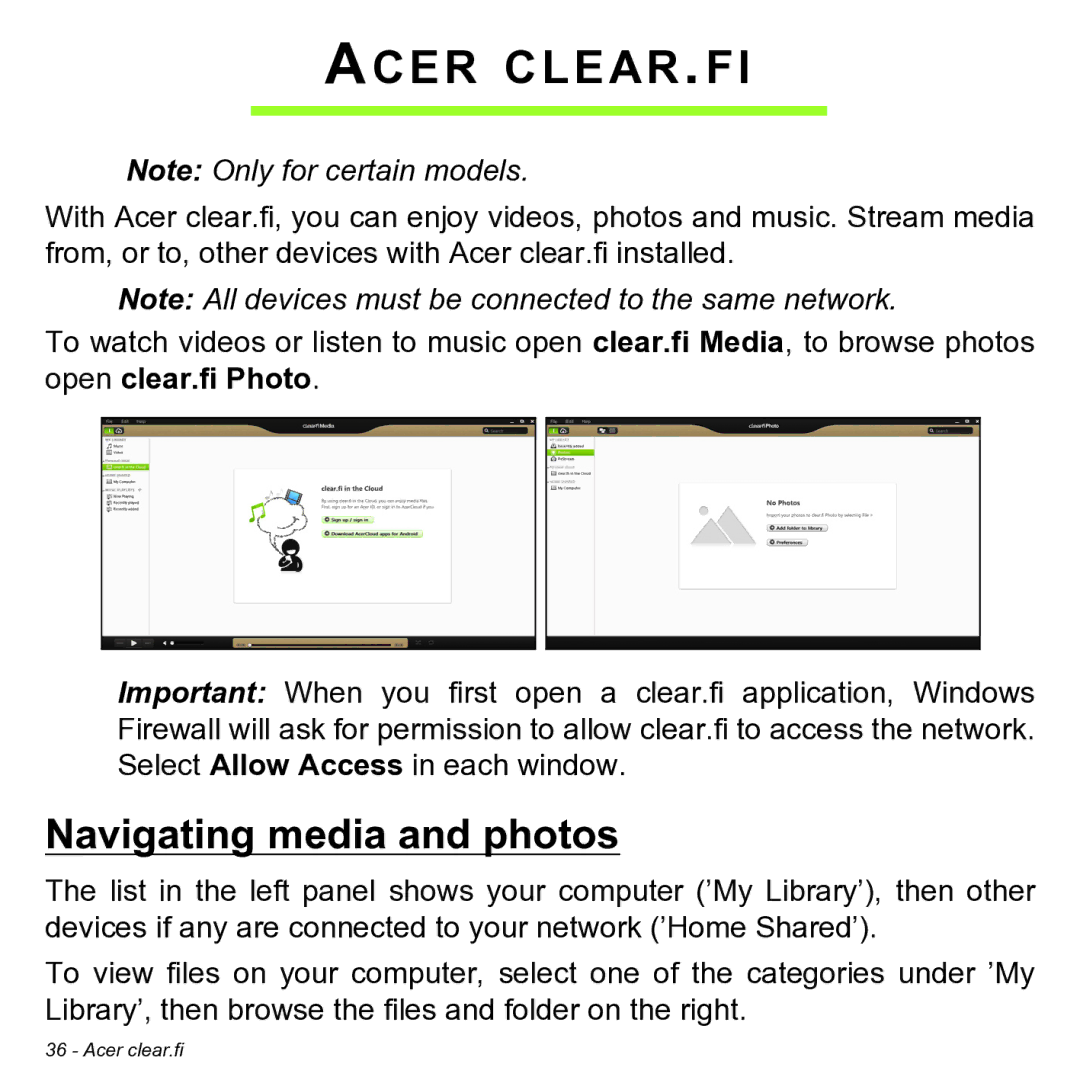 Acer NT.L0KAA.001 user manual Acer CLEAR.FI, Navigating media and photos 