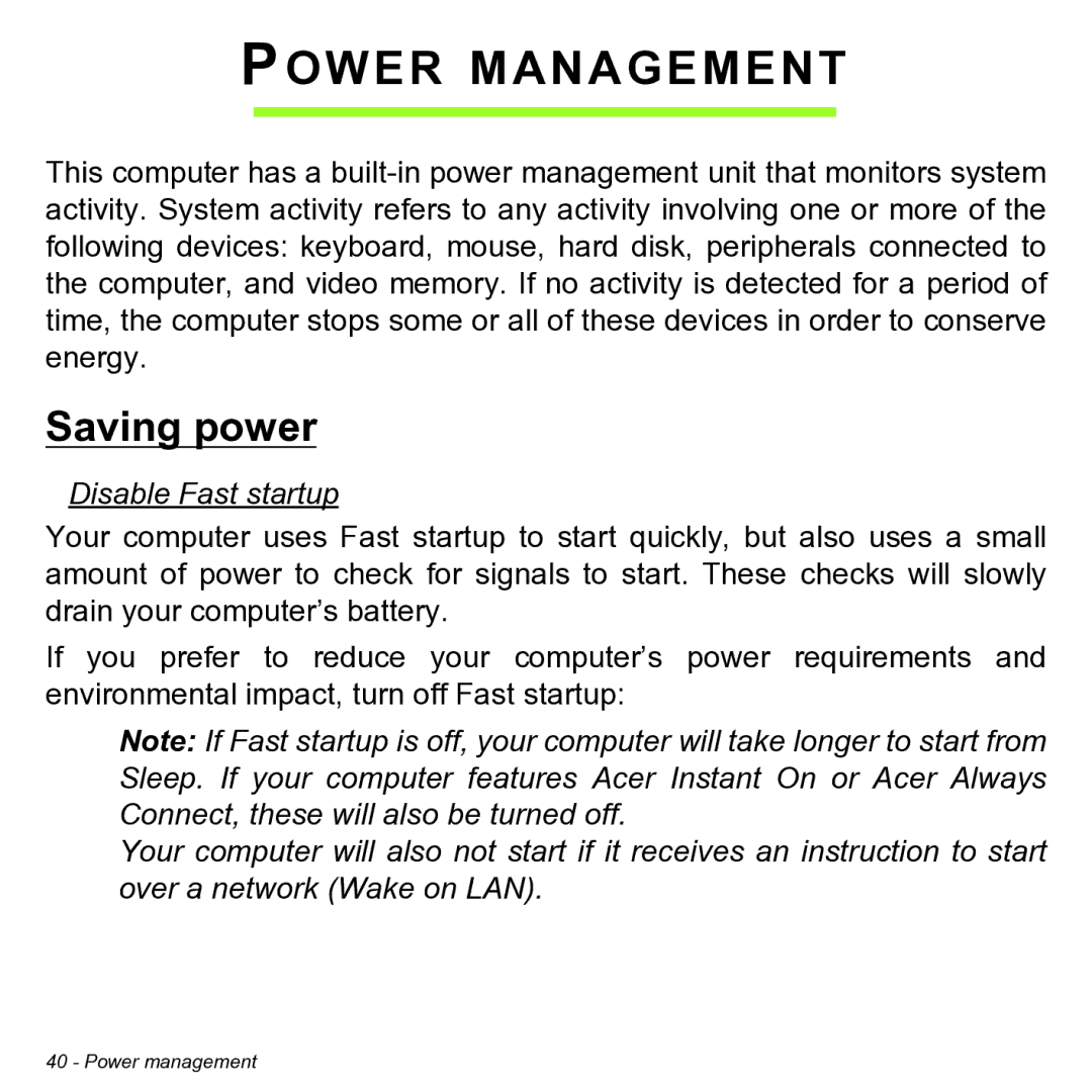 Acer NT.L0KAA.001 user manual Power Management, Saving power, Disable Fast startup 