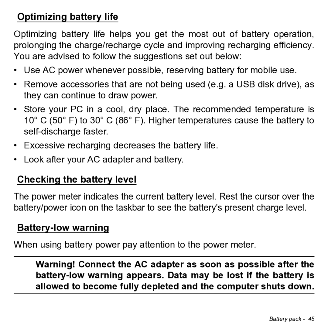 Acer NT.L0KAA.001 user manual Optimizing battery life, Checking the battery level, Battery-low warning 