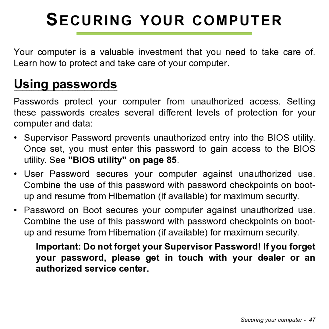 Acer NT.L0KAA.001 user manual Securing Your Computer, Using passwords 